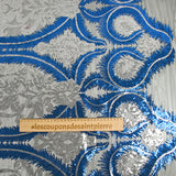 Tulle Sequin Royal Feathers Silver y Royal Blue