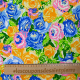 Viscose printed mountain of orange, blue and green flowers