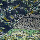Crinkle chiffon printed with ornamental friezes in sea green and navy background