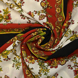 Crêpe georgette imprimé carré de fleurs et oiseaux rouge et écru fond noir