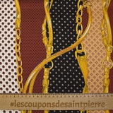 Twill de polyester satiné imprimé sangles dorées sur bandes bordeaux, ocre et noir