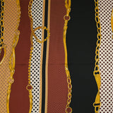 Twill de polyester satiné imprimé sangles dorées sur bandes bordeaux, ocre et noir