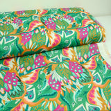 Ginevra pink and orange print cotton green background per meter