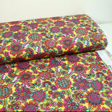 Cotton printed butterfly fuchsia yellow background per meter