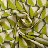 Viscose satin printed with retro anise look, khaki background