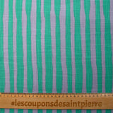 Cotton and viscose printed with turquoise and mauve stripes