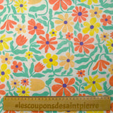 Viscose linen printed retro flowers coral and yellow white background