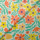 Viscose linen printed retro flowers coral and yellow white background