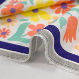 Viscose linen printed retro flowers coral and yellow white background