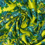 100% silk satin printed blue flowers anise background