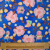 Cotton cotton printed cat chair and flowers royal blue background