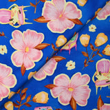 Cotton cotton printed cat chair and flowers royal blue background