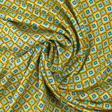 Viscose printed blue graphic flowers sunny yellow background