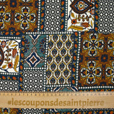 Viscose satin printed patchwork with orange, duck and navy ornament
