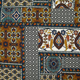 Viscose satin printed patchwork with orange, duck and navy ornament