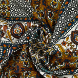 Viscose satin printed patchwork with orange, duck and navy ornament