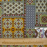 Viscose satin patchwork print with brown, apple green and ocher ornament