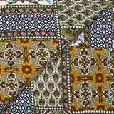 Viscose satin patchwork print with brown, apple green and ocher ornament