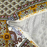 Viscose satin patchwork print with brown, apple green and ocher ornament