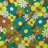 Algodón con estampado de flores disco turquesa, marrón y amarillo mantequilla