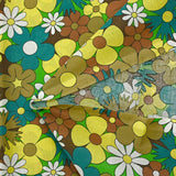 Algodón con estampado de flores disco turquesa, marrón y amarillo mantequilla