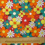 Red, orange and turquoise disco flower print cotton