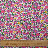 Cotton poplin printed mist of purple and pink flowers on white background