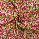 Cotton poplin printed with raspberry morning dew and ecru background