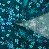 Cotton poplin printed with turquoise flowers on a dark blue background