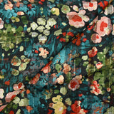 Muselina estampada raso raya Flora pato, fondo caqui y negro óxido