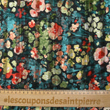 Muselina estampada raso raya Flora pato, fondo caqui y negro óxido