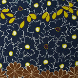 Polyester crepe printed with floral friezes on a navy background