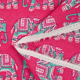 Indian cotton printed with turquoise elephant and pink background