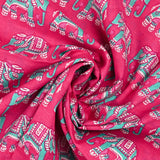 Indian cotton printed with turquoise elephant and pink background