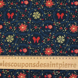 Popeline de coton imprimée poinsettias et nœuds rouge fond bleu marine