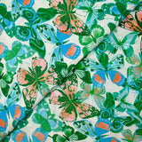Viscose printed jacquard blue and green butterflies white background