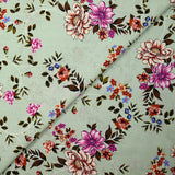 Cotton poplin printed with purple arabesque flower and green-gray background