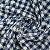 Cotton Vichy embroidered Flore navy blue