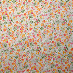 Broderie anglaise imprimée petites fleurs rose et jaune fond blanc