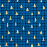 Coton de Noël imprimé tartan et sapin doré fond bleu