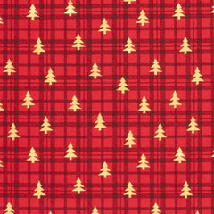 Coton de Noël imprimé tartan et sapin doré fond rouge