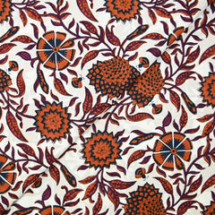 Coton indien imprimé Jiya fleurs et abeille rouille fond blanc