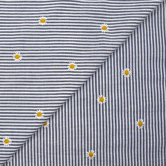 Coton tissé teint brodé marguerite fond rayé blanc et marine