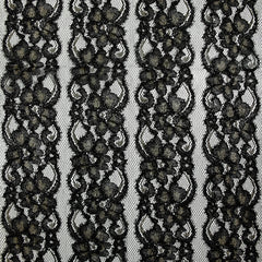 Dentelle polyester à bandes florales or brodées lurex noir