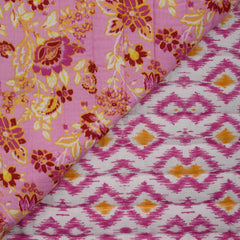 Double gaze matelassée double face indien Bihar fond rose et blanc au mètre