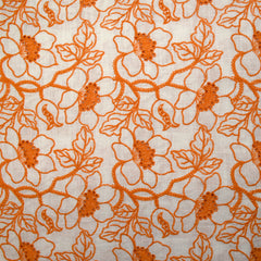 Lin viscose brodé ajouré fleurs orange fond blanc