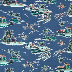 Lin et coton imprimé Hawaiian tropics fond bleu