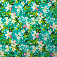 Popeline de coton imprimée jasmin fond turquoise