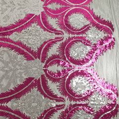 Tulle sequin plumes royales argent et fuchsia