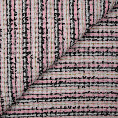 Tweed de polyester rayure doré, noir, blanc fond rose